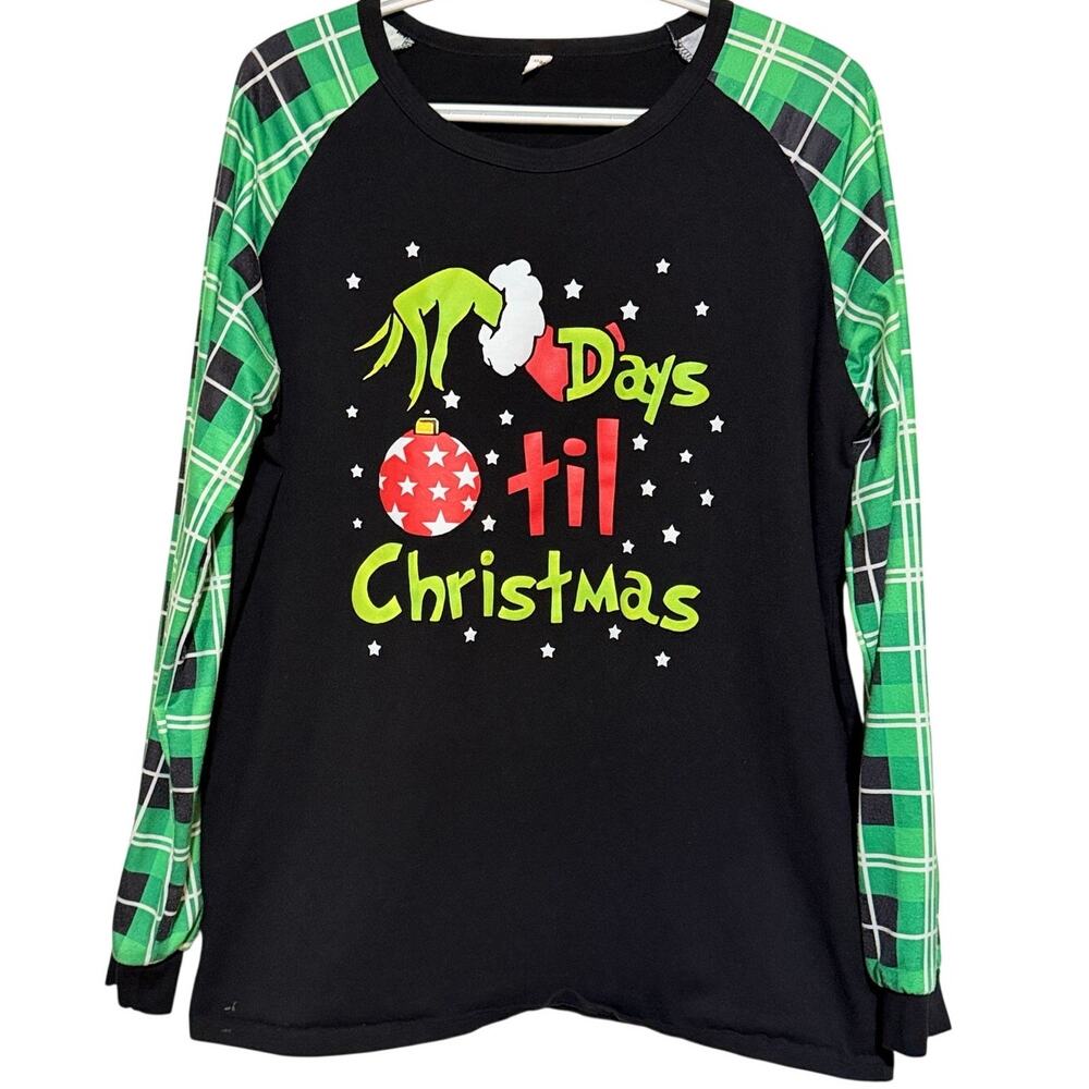 Days Til Christmas Men's Black PJ Shirt Green White Stripe Sleeves Size Dad L